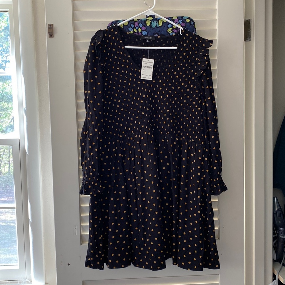 Black with tan poka dot dress by Madewell
